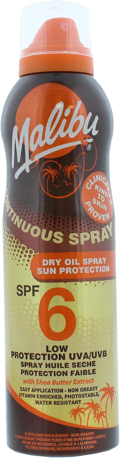 Malibu Sun SPF 6 Continuous Dry Oil Spray for Tanning with Shea Butter Extract, Low Protection, Water Resistant, 175ml