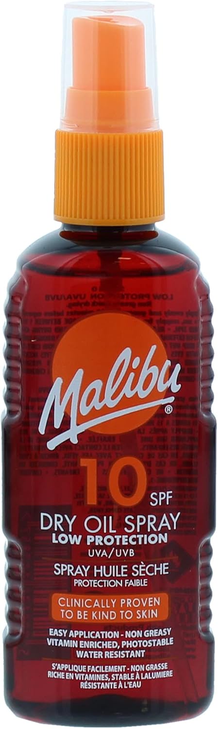 Malibu Sun SPF 10 Continuous Dry Oil Spray for Tanning with Shea Butter Extract, Low Protection, Water Resistant, 175ml
