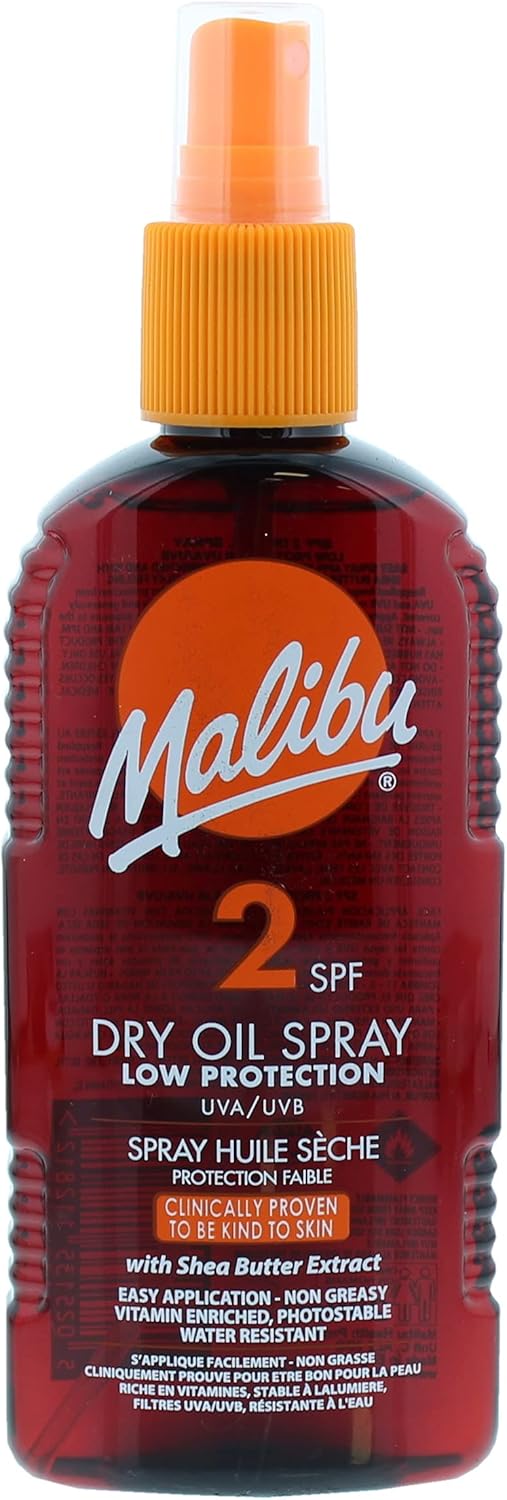 Malibu Sun SPF 2 Non-Greasy Dry Oil Spray for Tanning with Shea Butter Extract, Low Protection, Water Resistant, 200ml
