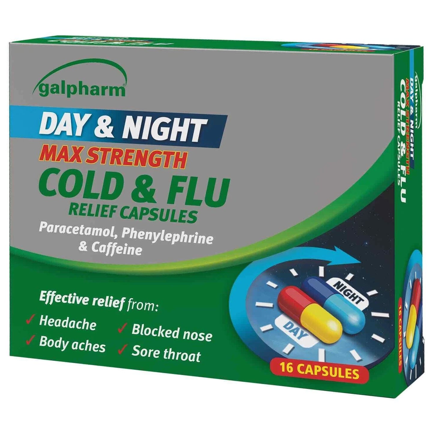 Galpharm Cold & Flu Day & Night Capsules (16 Pack) - Max Strength 24-Hour Relief